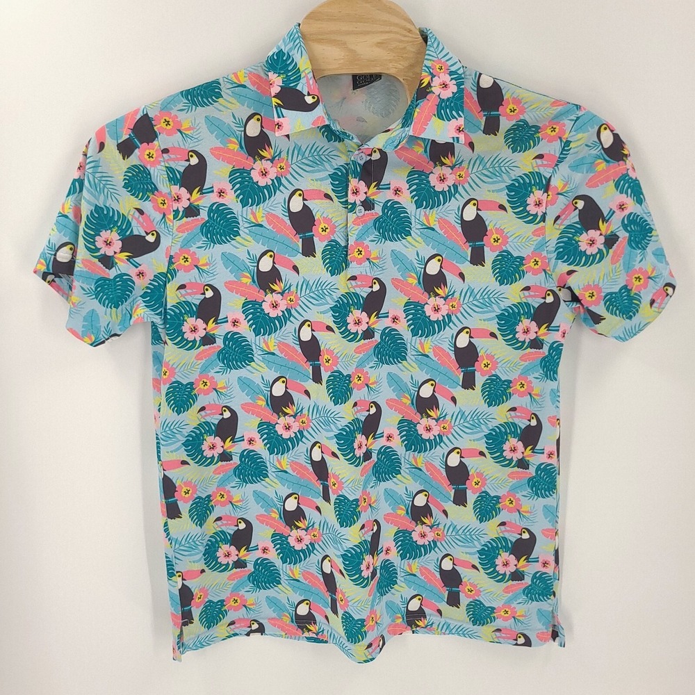 Golf Gods Shirt Mens Large Blue Toucan Cam Cool Tech Performance Comfort Polo